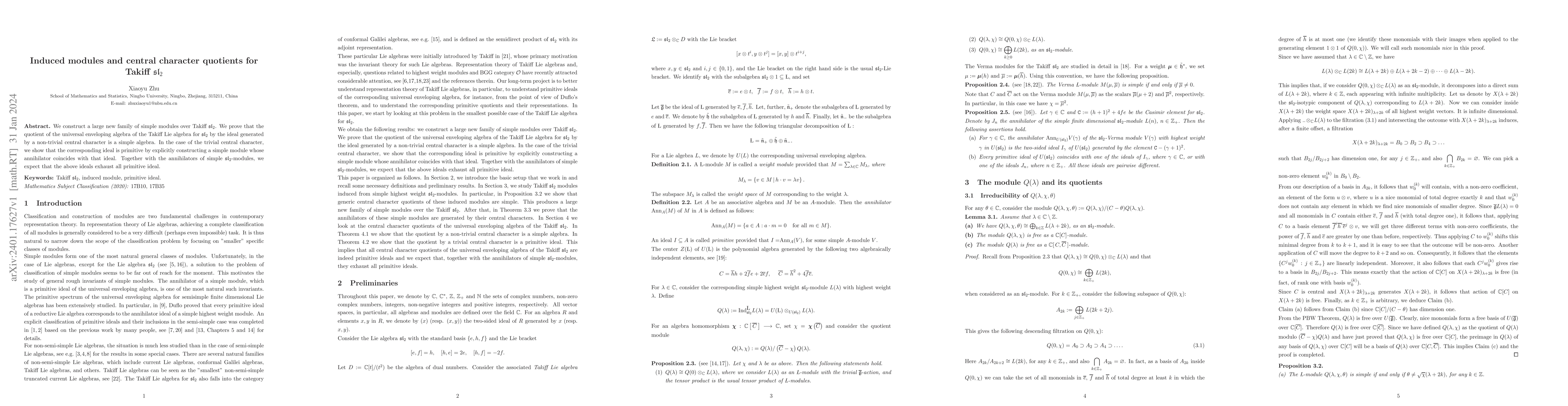 Thumbnail for Induced modules and central character quotients for Takiff
  $\mathfrak{sl}_{2}$