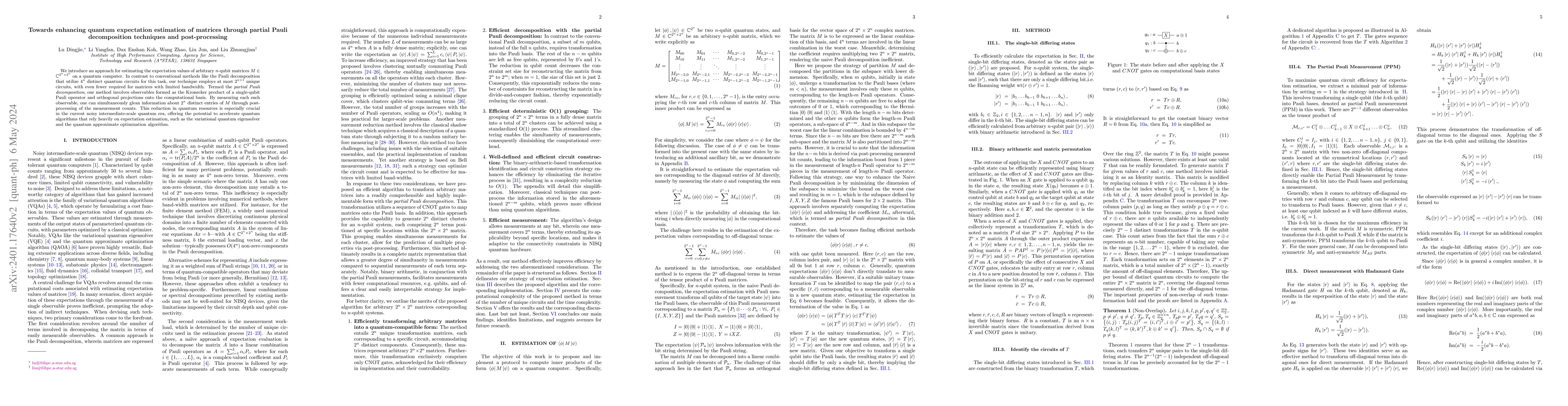 Thumbnail for Towards enhancing quantum expectation estimation of matrices through
  partial Pauli decomposition techniques and post-processing