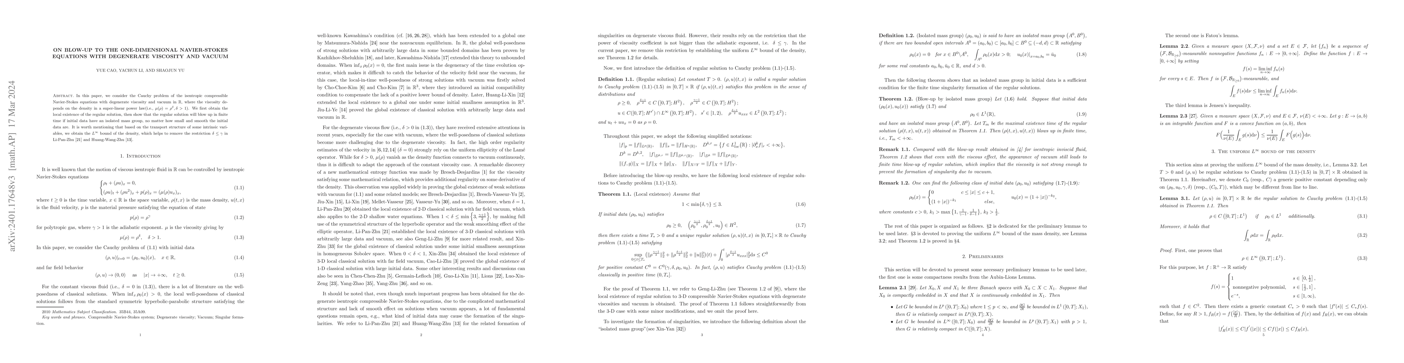 Thumbnail for On blow-up to the one-dimensional Navier-Stokes equations with
  degenerate viscosity and vacuum