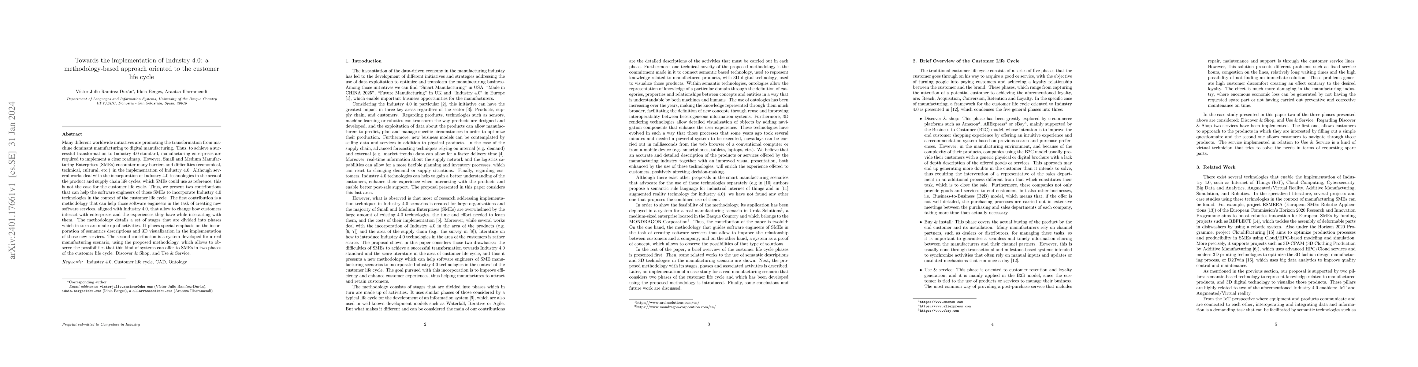 Thumbnail for Towards the implementation of Industry 4.0: A methodology-based approach
  oriented to the customer life cycle