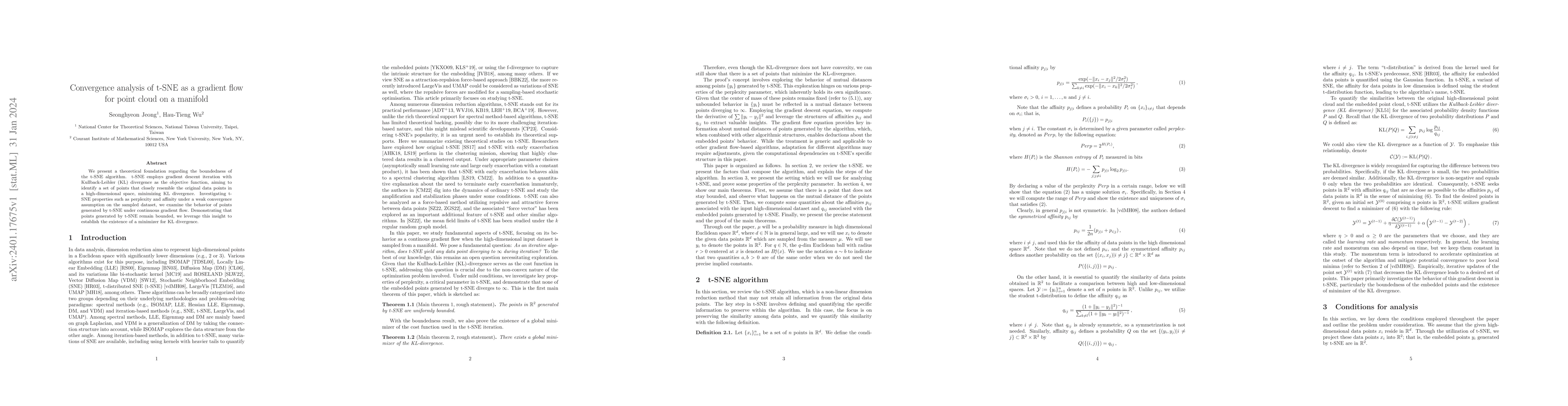 Thumbnail for Convergence analysis of t-SNE as a gradient flow for point cloud on a
  manifold