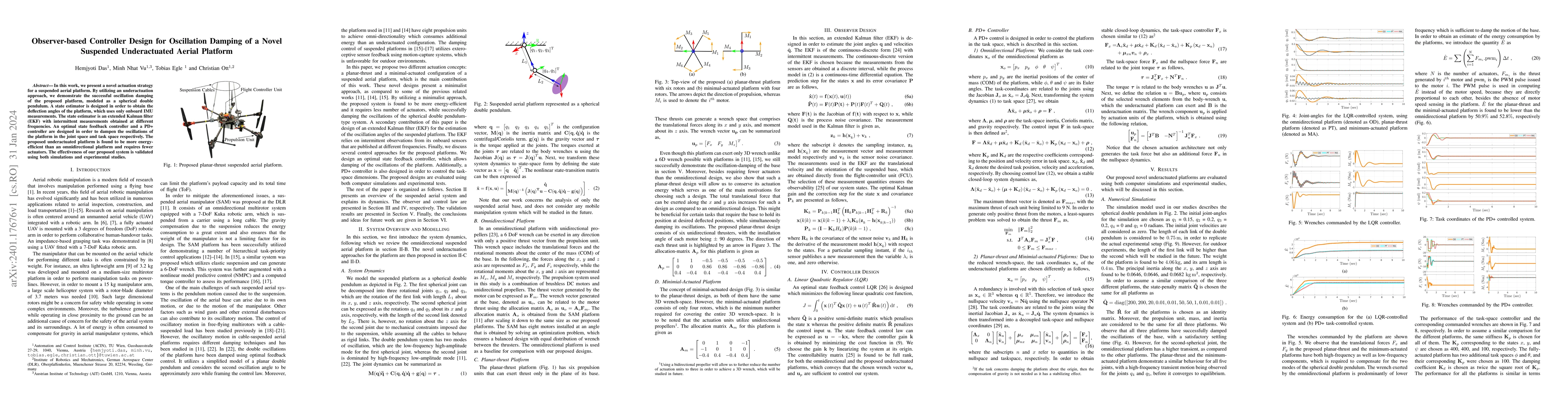 Thumbnail for Observer-based Controller Design for Oscillation Damping of a Novel
  Suspended Underactuated Aerial Platform