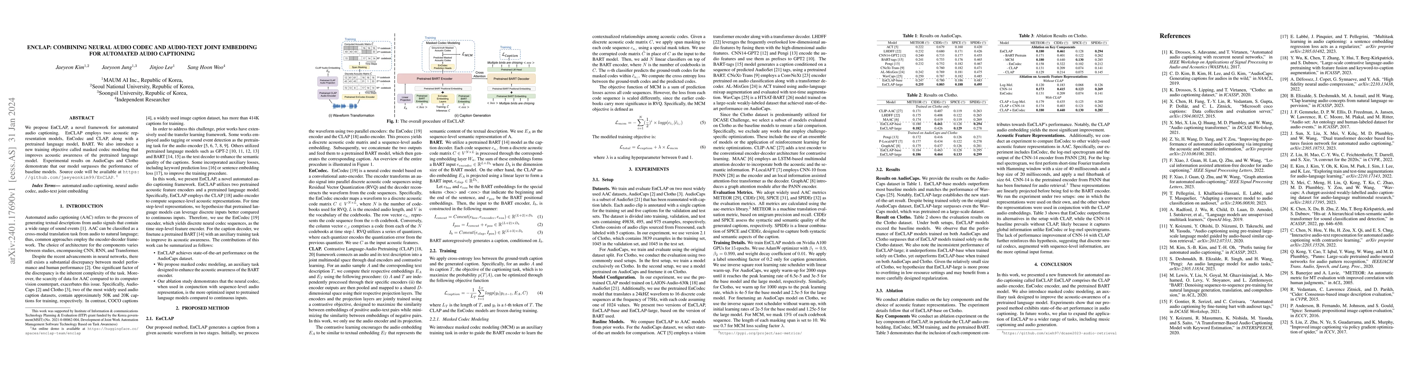 Thumbnail for EnCLAP: Combining Neural Audio Codec and Audio-Text Joint Embedding for
  Automated Audio Captioning