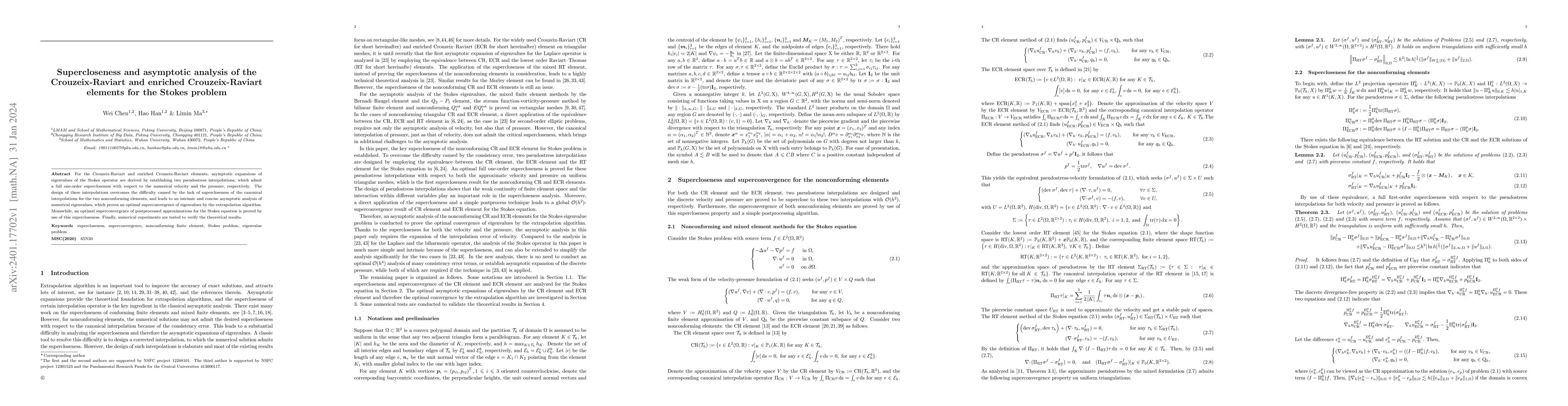 Thumbnail for Supercloseness and asymptotic analysis of the Crouzeix-Raviart and
  enriched Crouzeix-Raviart elements for the Stokes problem