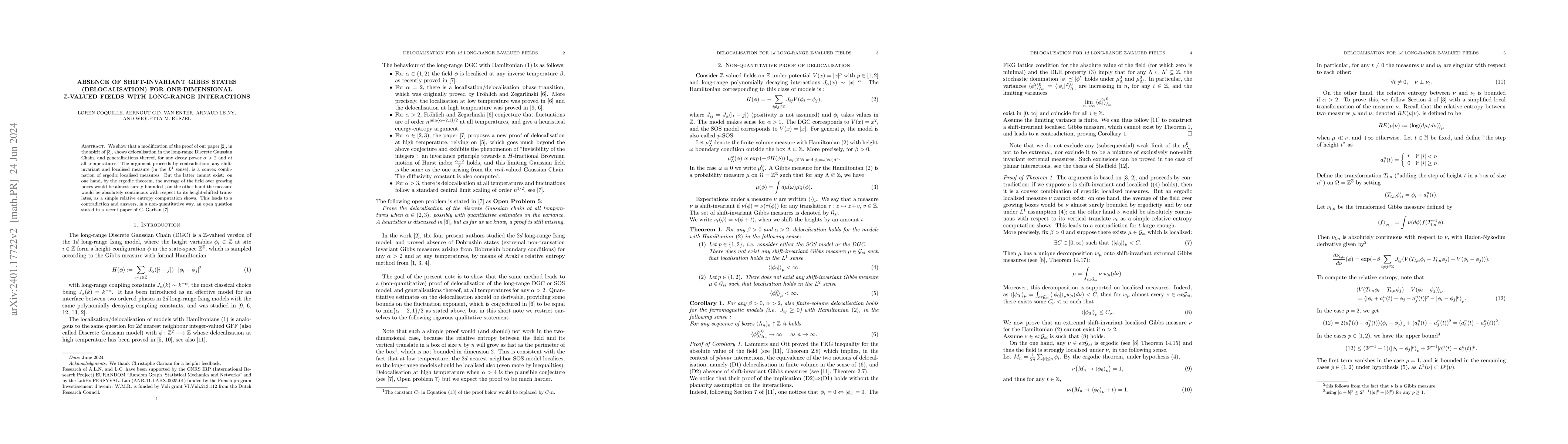 Thumbnail for Absence of shift-invariant Gibbs states (delocalisation) for
  one-dimensional $\mathbb Z$-valued fields with Long-Range interactions