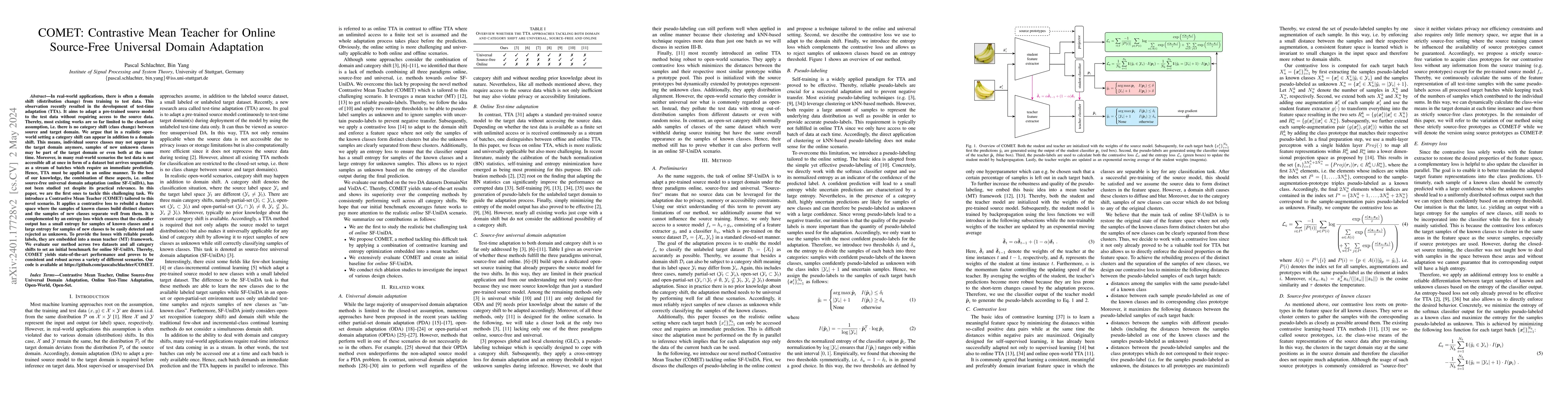 Thumbnail for COMET: Contrastive Mean Teacher for Online Source-Free Universal Domain
  Adaptation