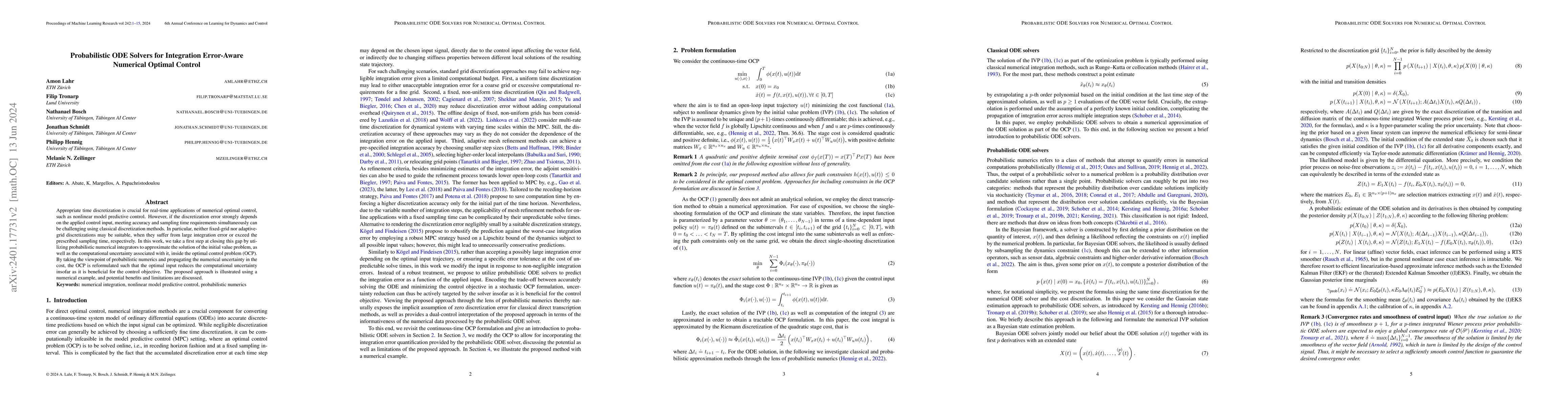Thumbnail for Probabilistic ODE Solvers for Integration Error-Aware Numerical Optimal
  Control