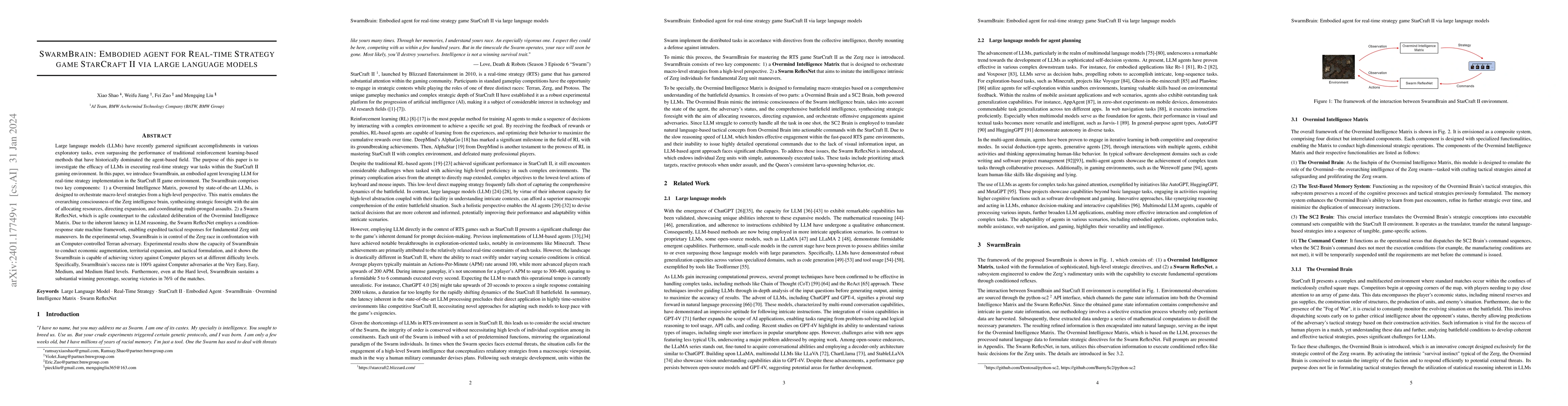 Thumbnail for SwarmBrain: Embodied agent for real-time strategy game StarCraft II via
  large language models