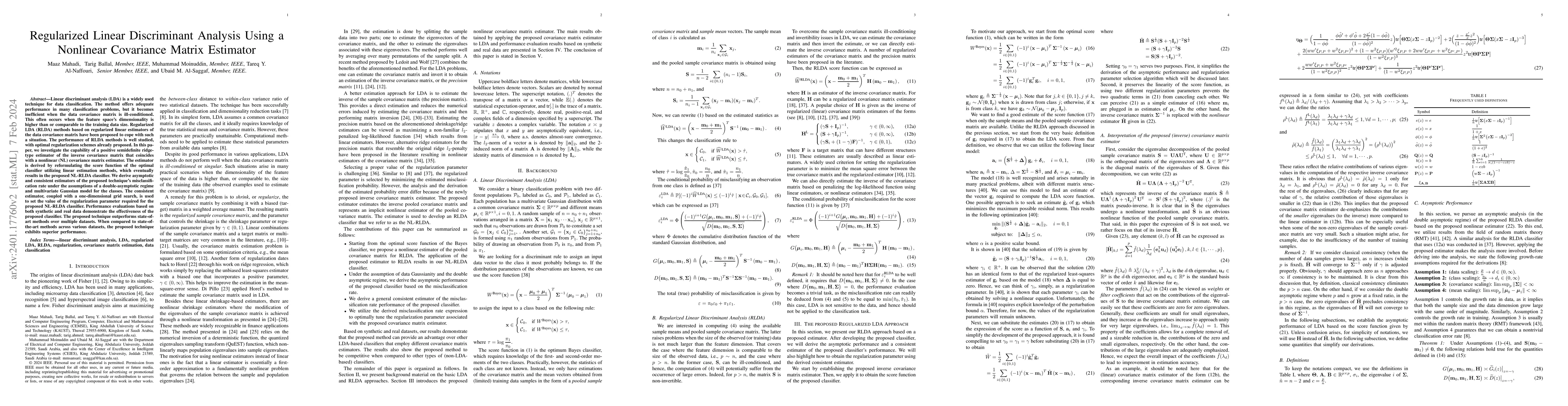 Thumbnail for Regularized Linear Discriminant Analysis Using a Nonlinear Covariance
  Matrix Estimator