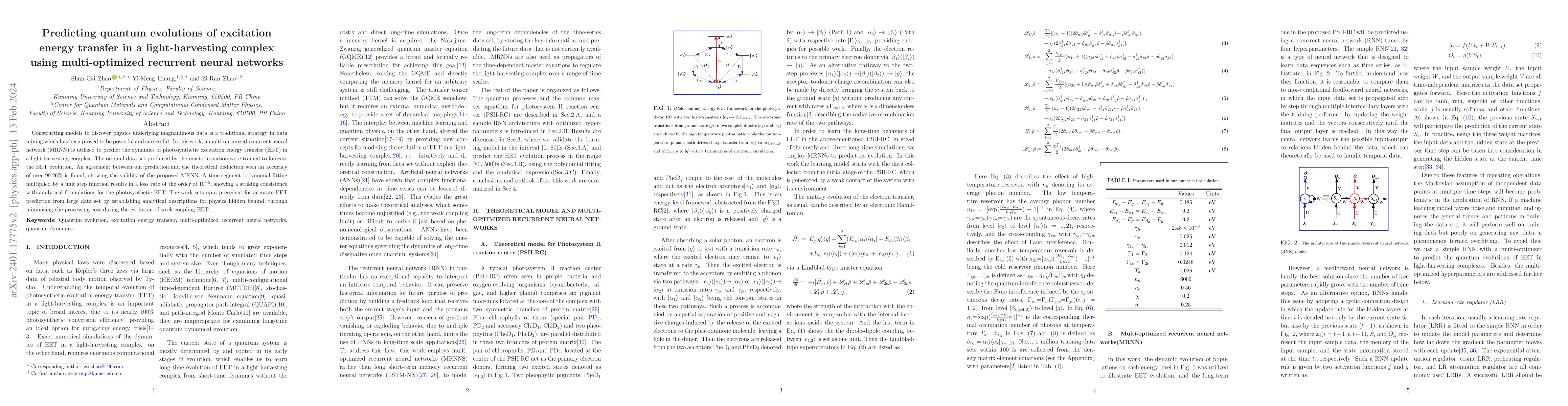 Thumbnail for Predicting quantum evolutions of excitation energy transfer in a
  light-harvesting complex using multi-optimized recurrent neural networks
