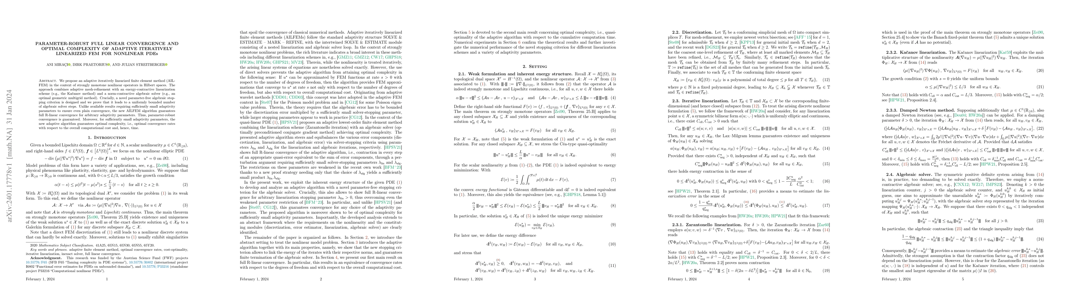 Thumbnail for Parameter-robust full linear convergence and optimal complexity of
  adaptive iteratively linearized FEM for nonlinear PDEs