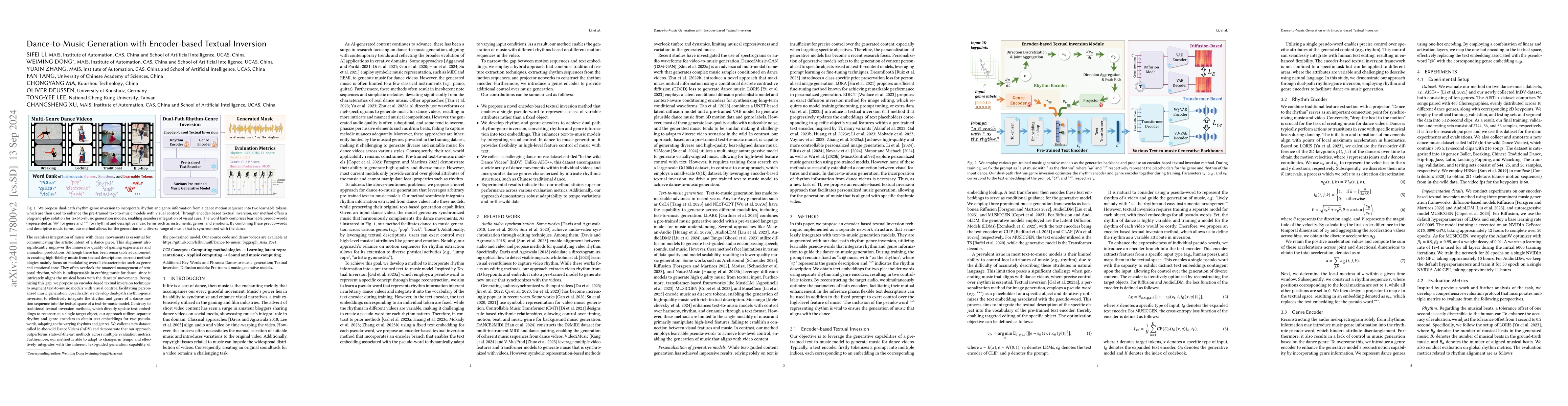 Thumbnail for Dance-to-Music Generation with Encoder-based Textual Inversion of
  Diffusion Models