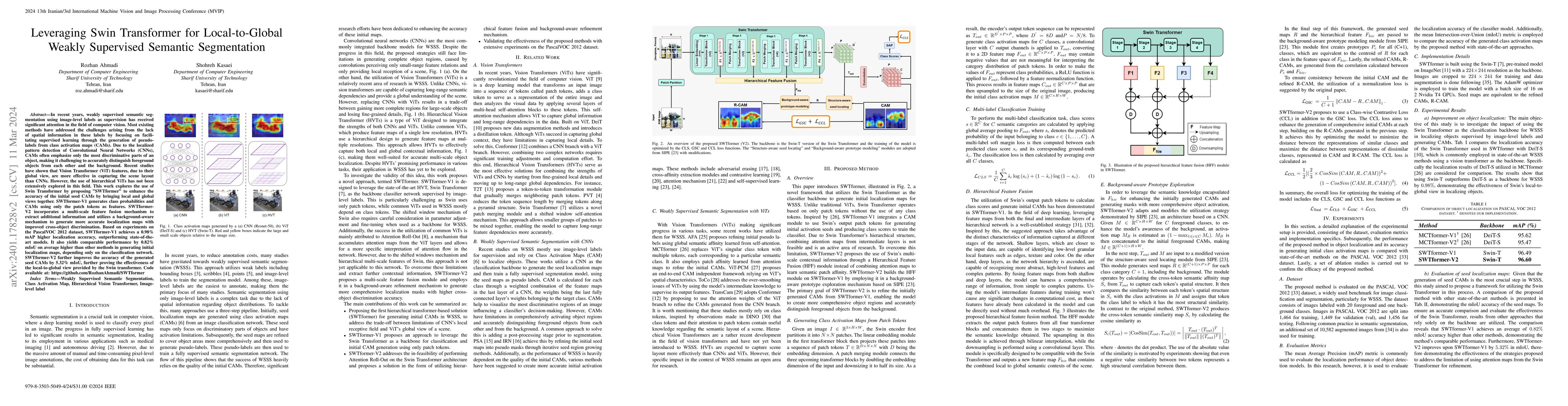 Thumbnail for Leveraging Swin Transformer for Local-to-Global Weakly Supervised
  Semantic Segmentation
