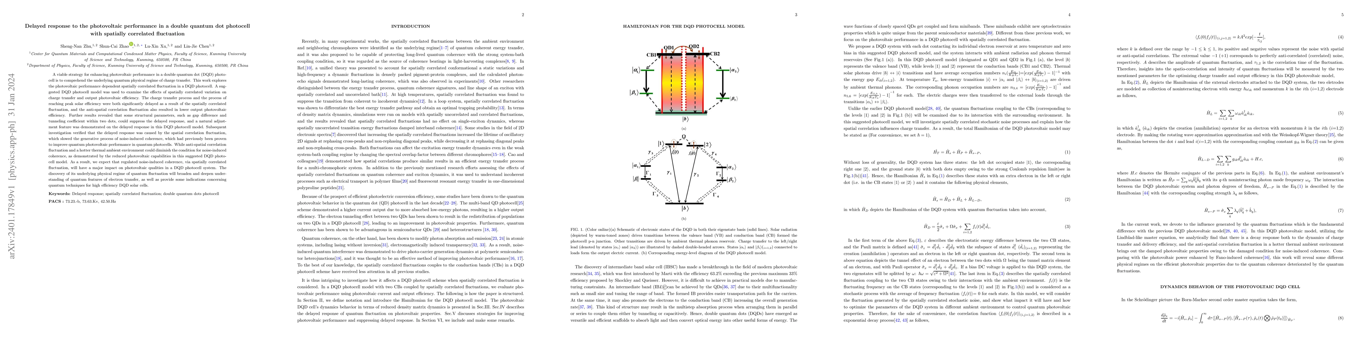 Thumbnail for Delayed response to the photovoltaic performance in a double quantum dot
  photocell with spatially correlated fluctuation