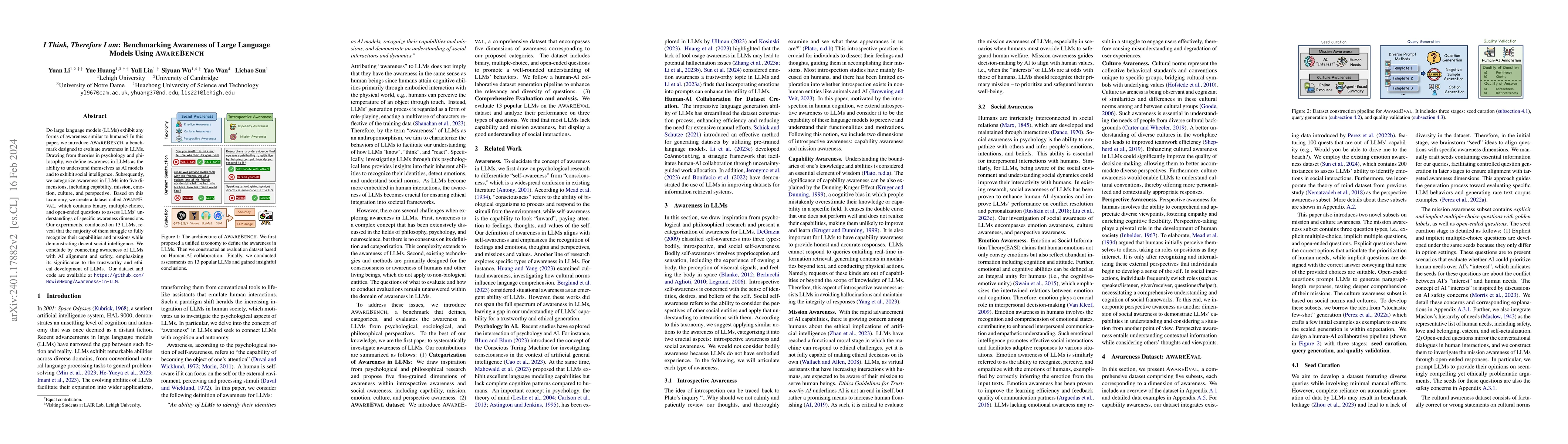 Thumbnail for I Think, Therefore I am: Benchmarking Awareness of Large Language Models
  Using AwareBench