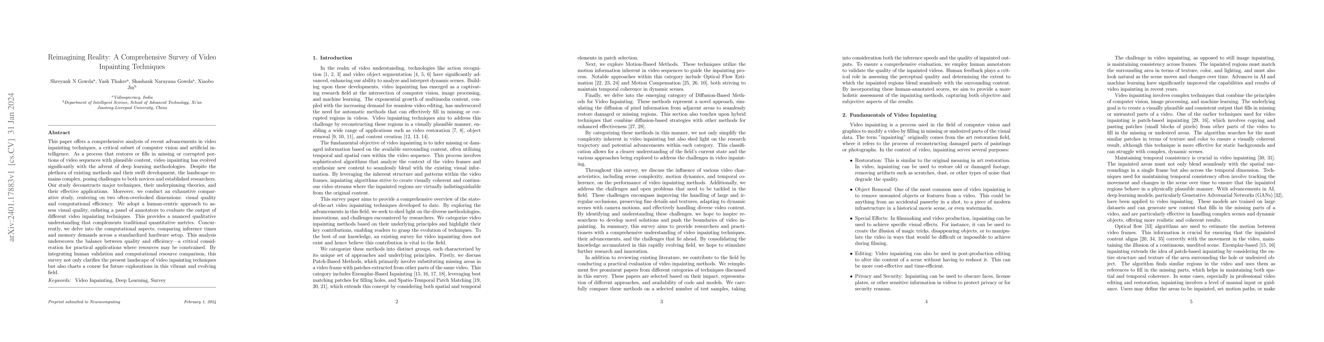 Thumbnail for Reimagining Reality: A Comprehensive Survey of Video Inpainting
  Techniques
