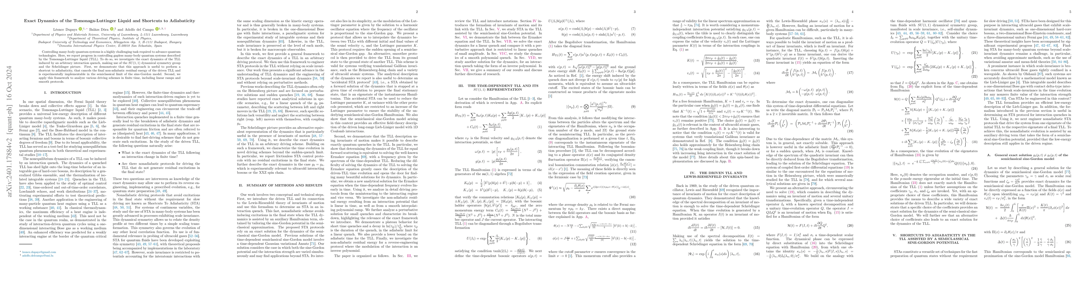 Thumbnail for Exact Dynamics and Shortcuts to Adiabaticity in the Tomonaga-Luttinger
  Liquid