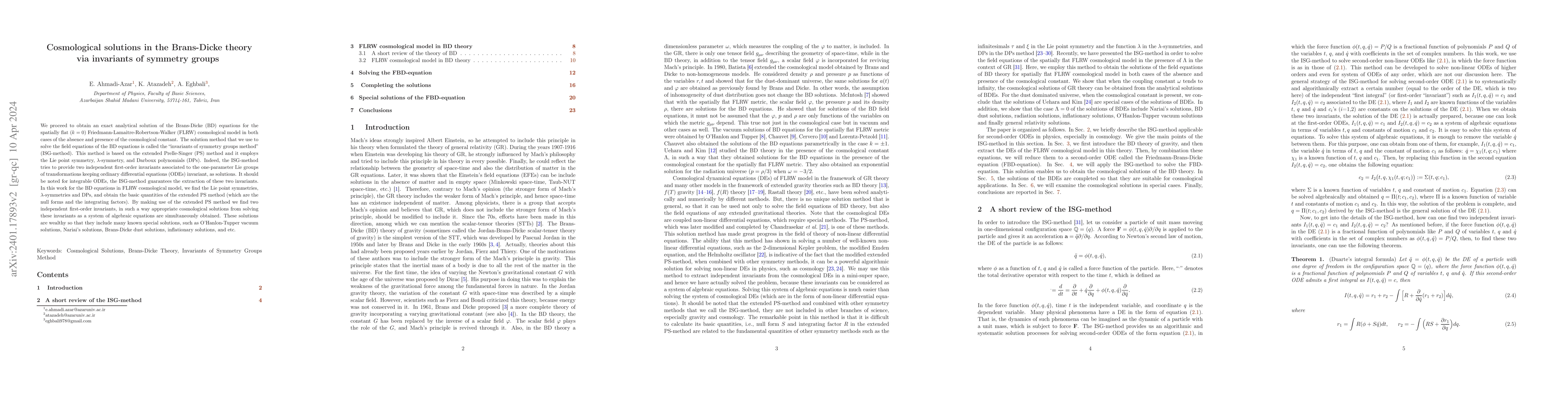 Thumbnail for Cosmological solutions in the Brans-Dicke theory via invariants of
  symmetry groups