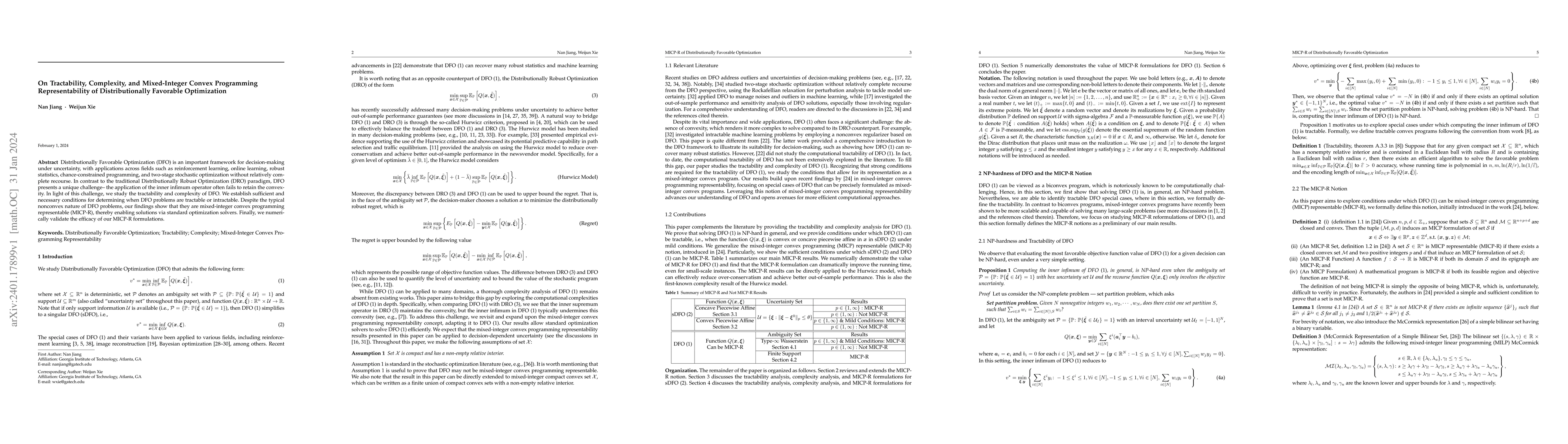 Thumbnail for On Tractability, Complexity, and Mixed-Integer Convex Programming
  Representability of Distributionally Favorable Optimization