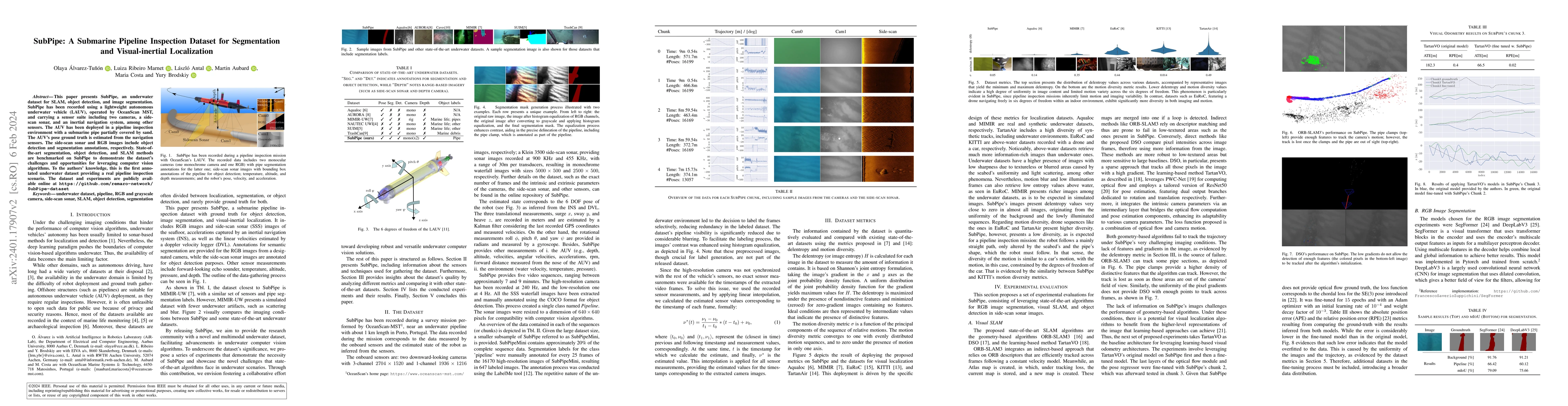 Thumbnail for SubPipe: A Submarine Pipeline Inspection Dataset for Segmentation and
  Visual-inertial Localization