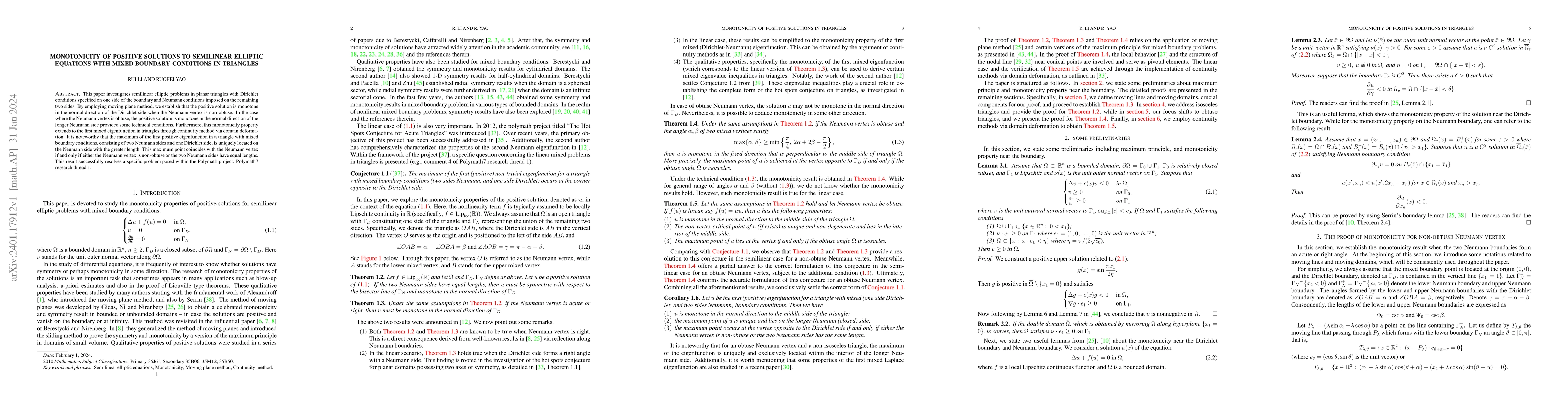 Thumbnail for Monotonicity of positive solutions to semilinear elliptic equations with
  mixed boundary conditions in triangles