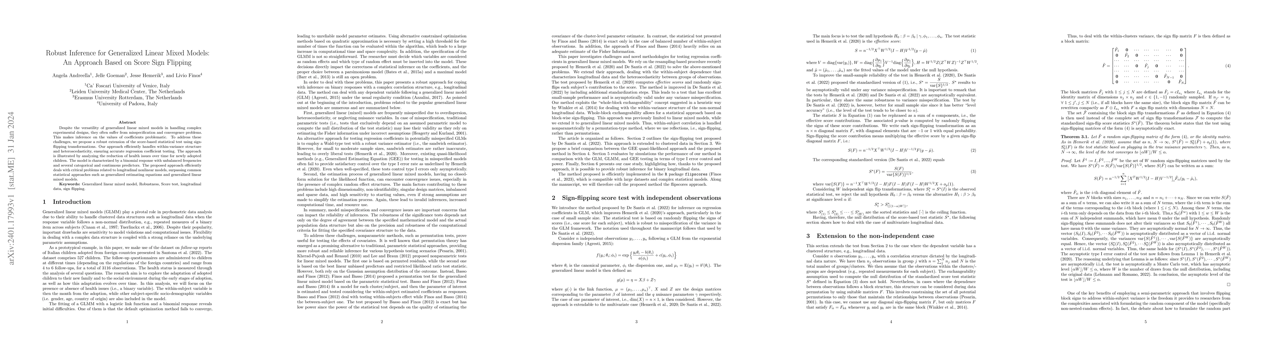 Thumbnail for Robust Inference for Generalized Linear Mixed Models: An Approach Based
  on Score Sign Flipping