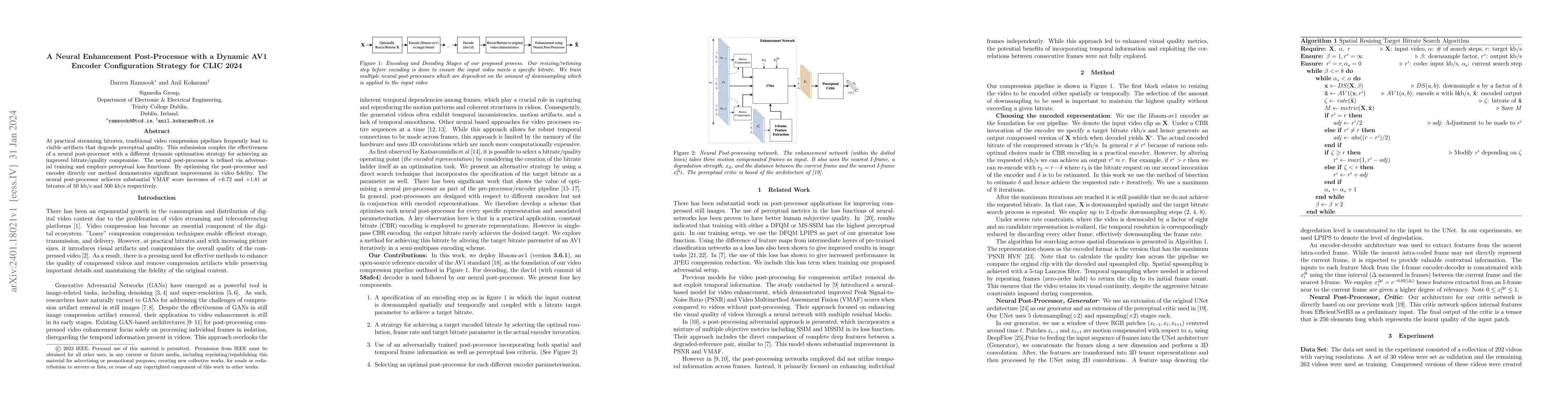 Thumbnail for A Neural Enhancement Post-Processor with a Dynamic AV1 Encoder
  Configuration Strategy for CLIC 2024