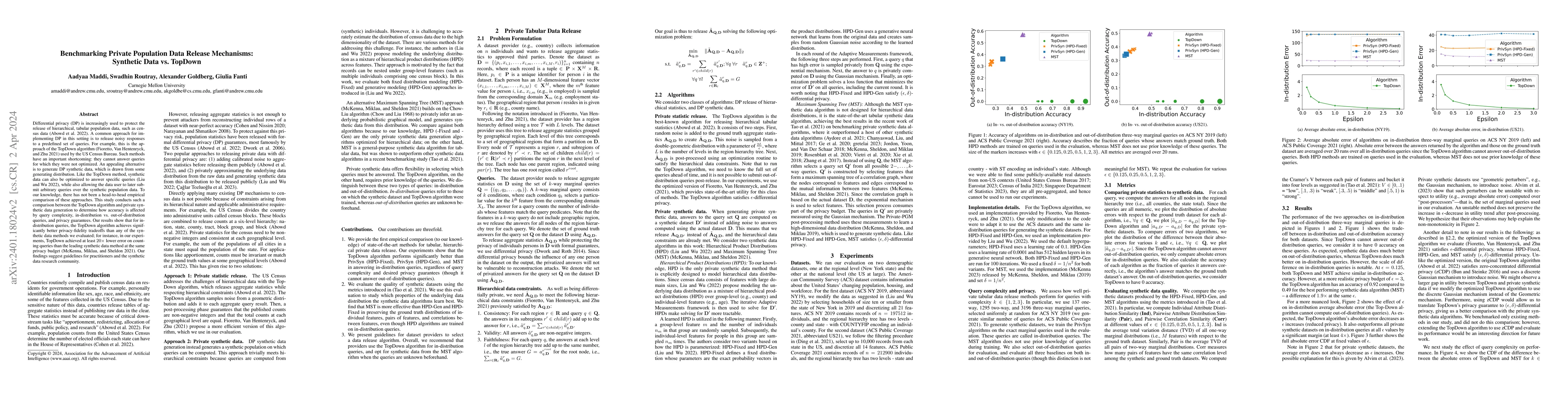 Thumbnail for Benchmarking Private Population Data Release Mechanisms: Synthetic Data
  vs. TopDown
