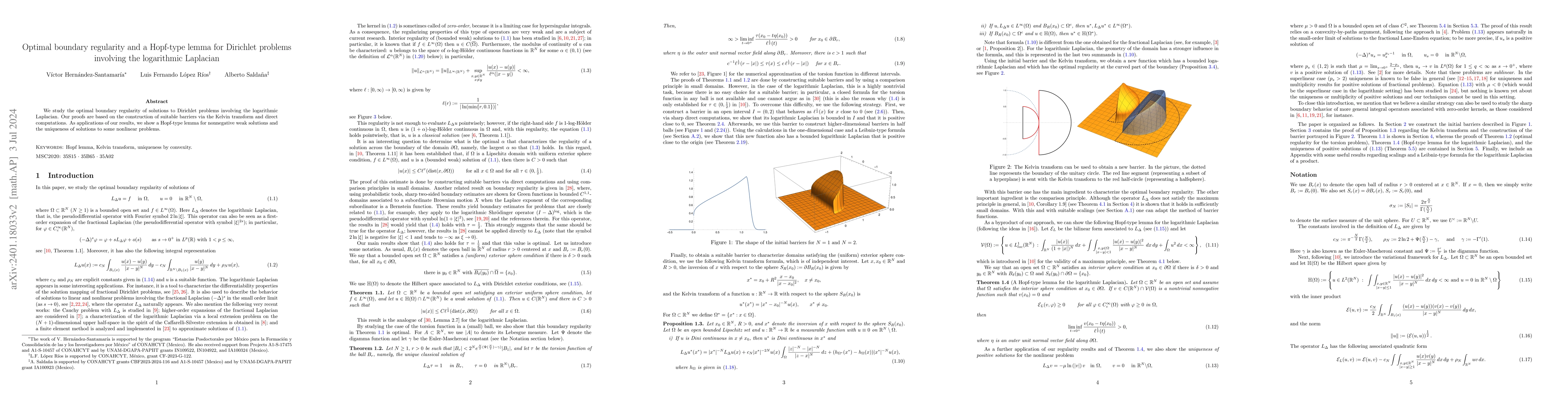 Thumbnail for Optimal boundary regularity and a Hopf-type lemma for Dirichlet problems
  involving the logarithmic Laplacian