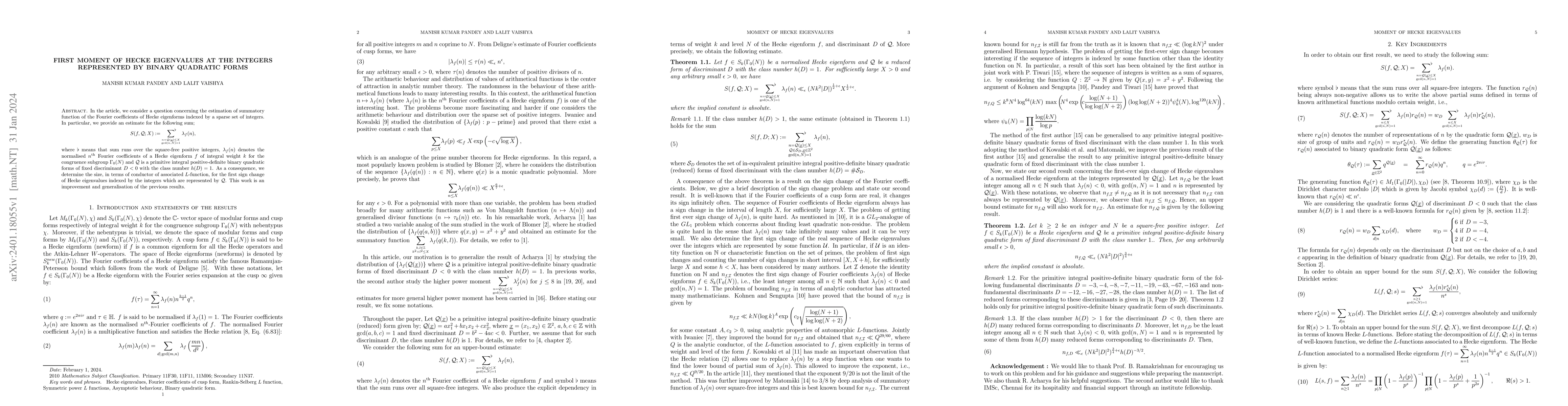 Thumbnail for First moment of Hecke eigenvalues at the integers represented by binary
  quadratic forms