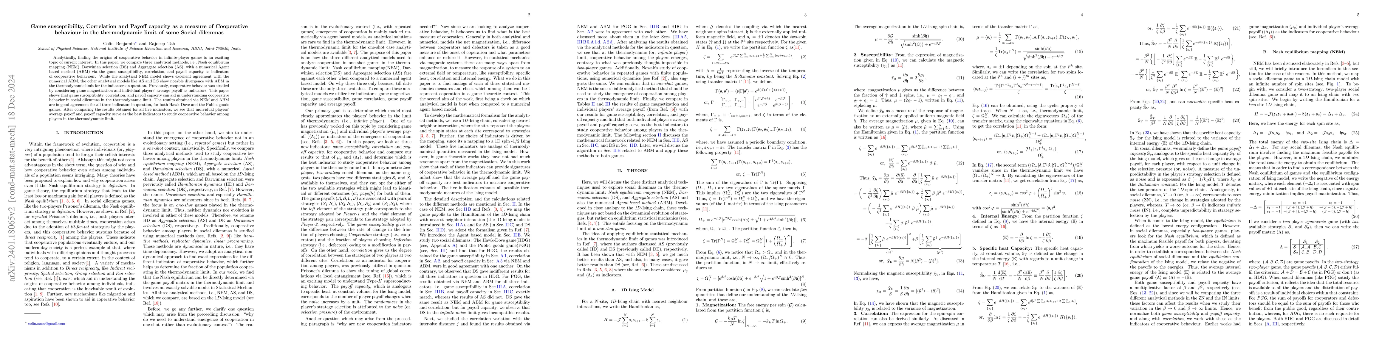 Thumbnail for Game susceptibility, Correlation and Payoff capacity as a measure of
  Cooperative behavior in the thermodynamic limit of some Social dilemmas