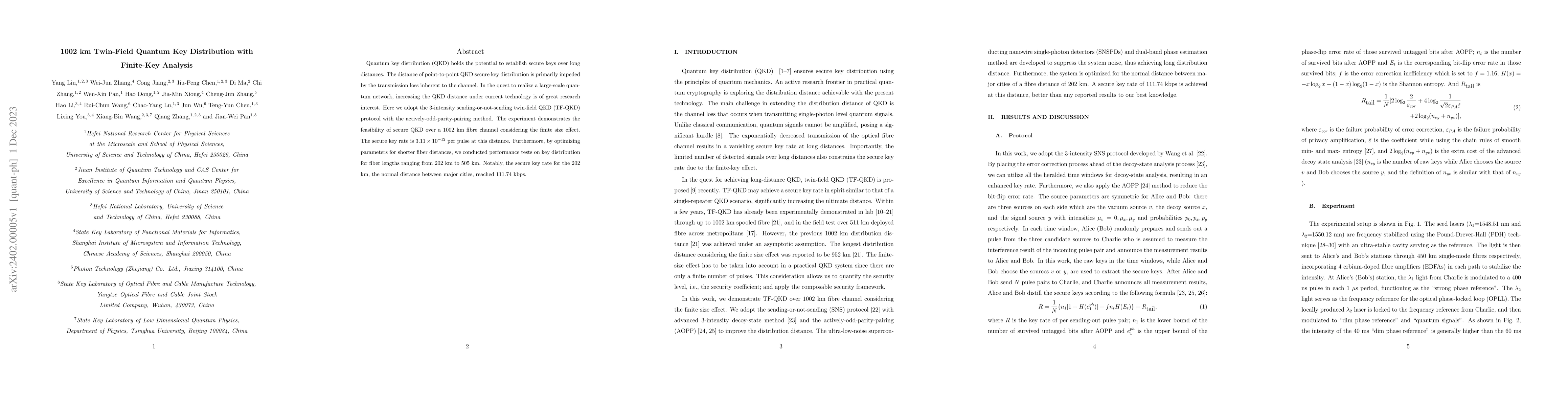 Thumbnail for 1002 km Twin-Field Quantum Key Distribution with Finite-Key Analysis