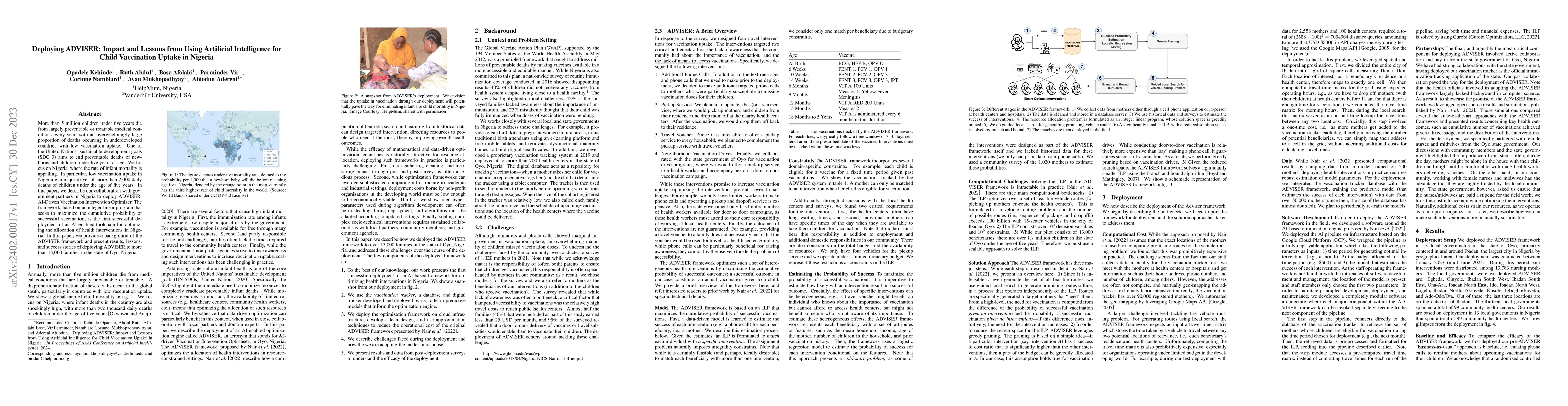 Thumbnail for Deploying ADVISER: Impact and Lessons from Using Artificial Intelligence
  for Child Vaccination Uptake in Nigeria