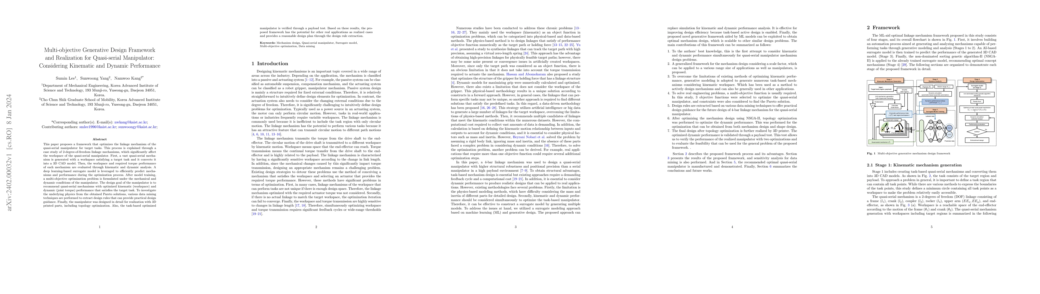 Thumbnail for Multi-objective Generative Design Framework and Realization for
  Quasi-serial Manipulator: Considering Kinematic and Dynamic Performance