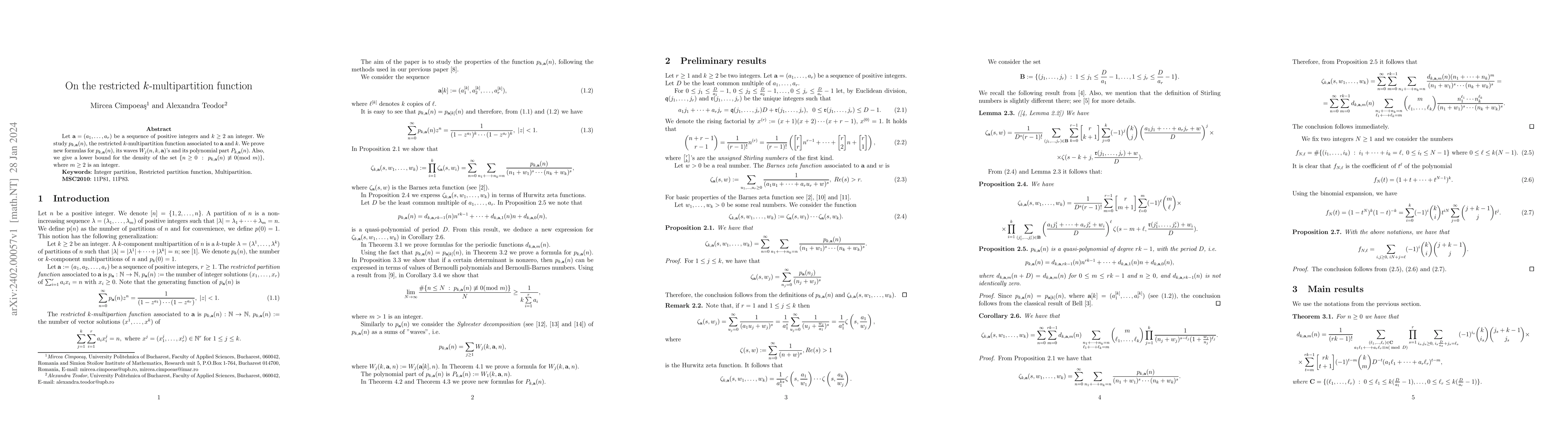 Thumbnail for On the restricted $k$-multipartition function