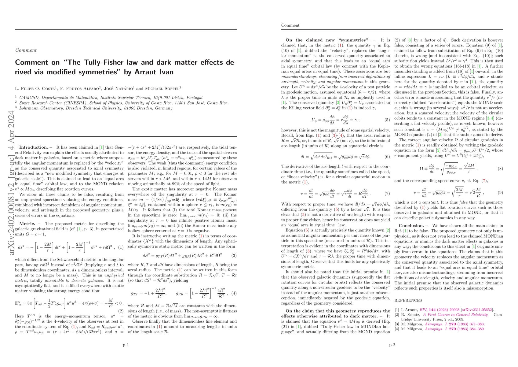 Thumbnail for Comment on "The Tully-Fisher law and dark matter effects derived via
  modified symmetries" by Arraut Ivan