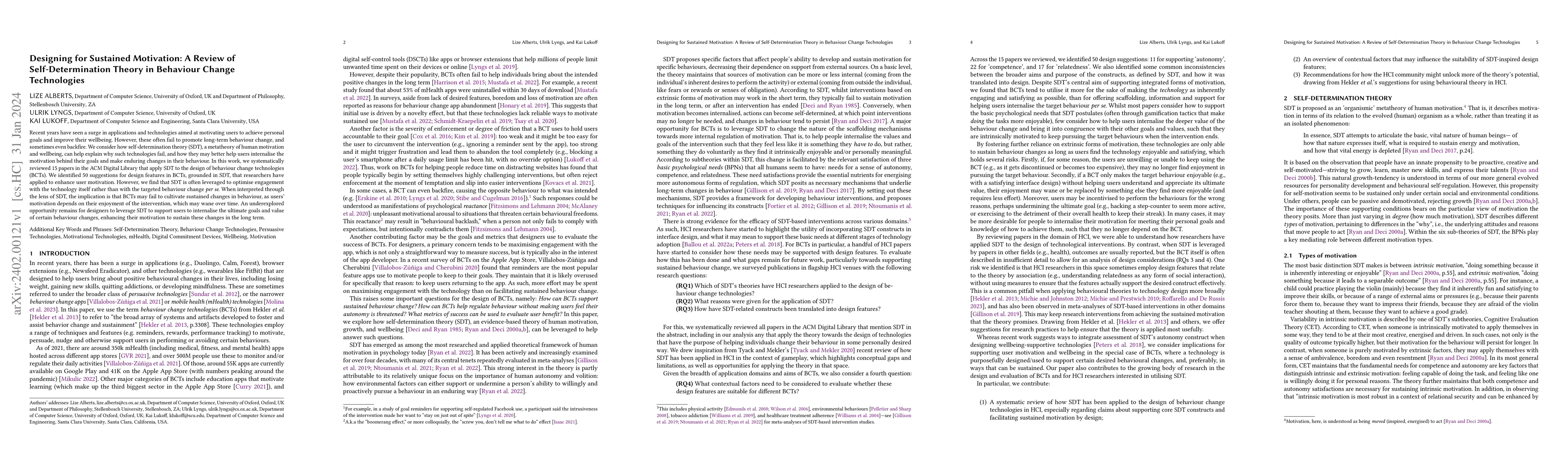Thumbnail for Designing for Sustained Motivation: A Review of Self-Determination
  Theory in Behaviour Change Technologies