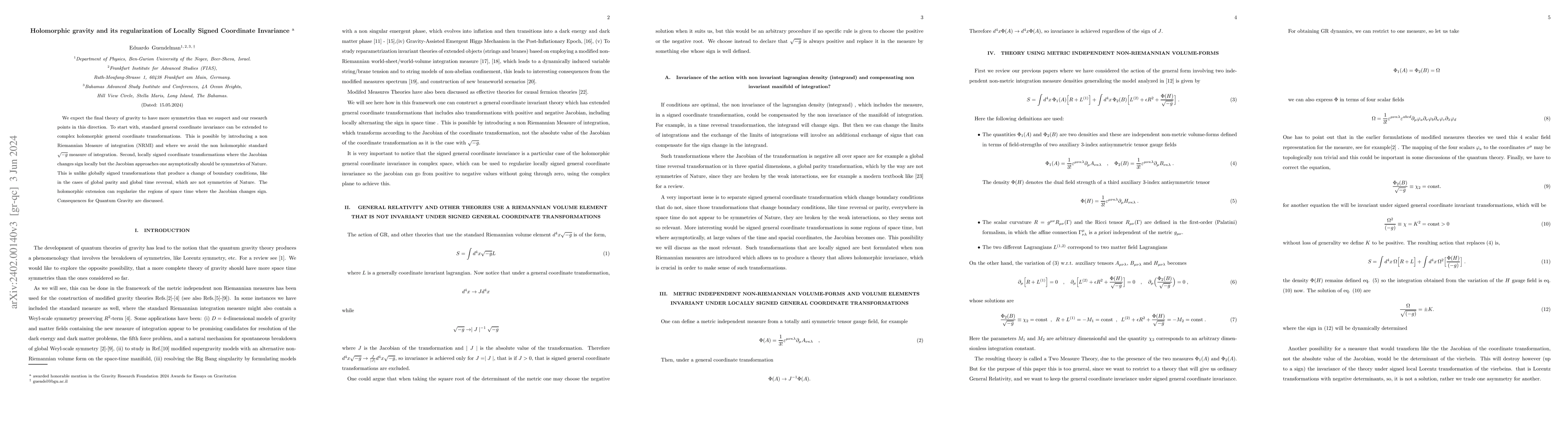 Thumbnail for Holomorphic gravity and its regularization of Locally Signed Coordinate
  Invariance