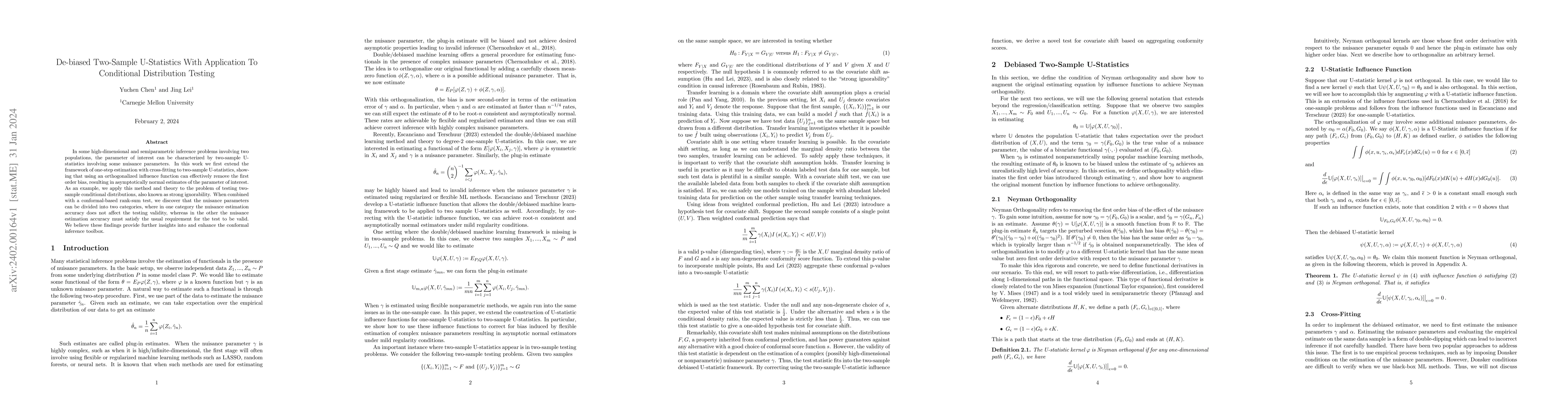 Thumbnail for De-Biased Two-Sample U-Statistics With Application To Conditional
  Distribution Testing