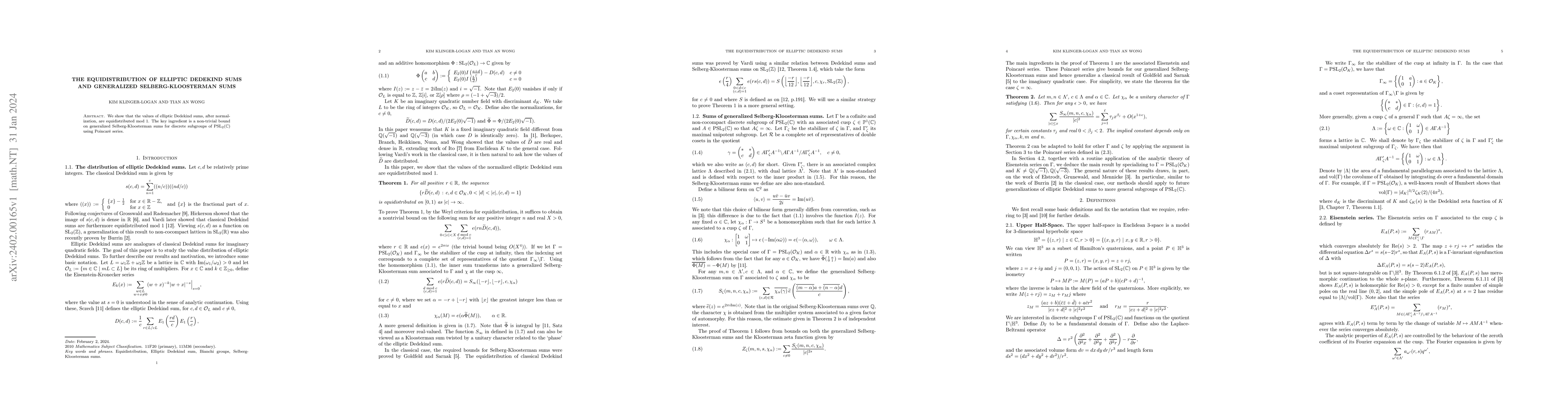 Thumbnail for The equidistribution of Elliptic Dedekind sums and generalized
  Selberg-Kloosterman sums