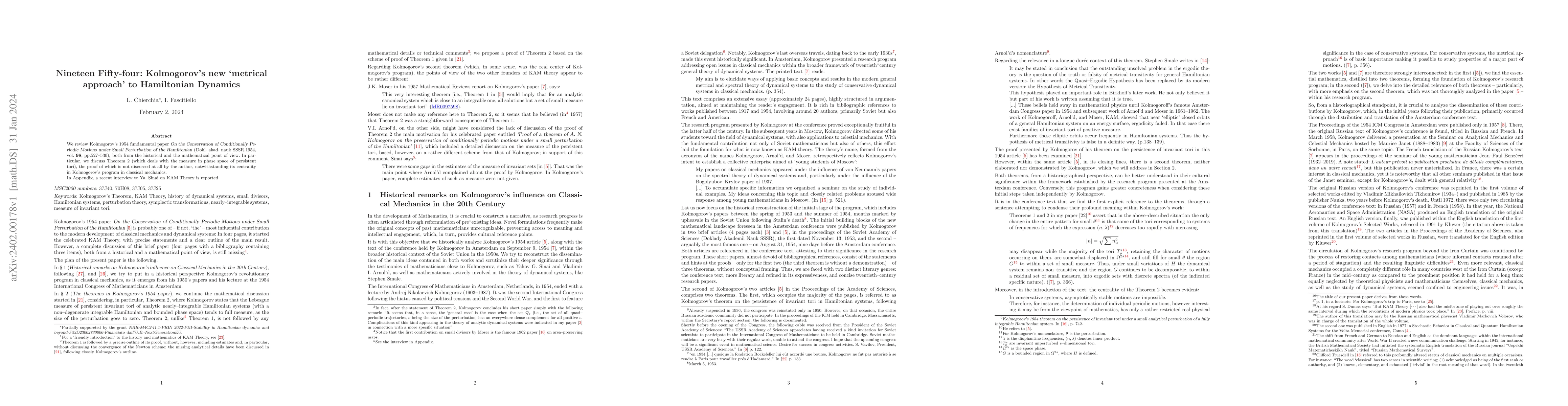 Thumbnail for Nineteen Fifty-four: Kolmogorov's new "metrical approach" to Hamiltonian
  Dynamics