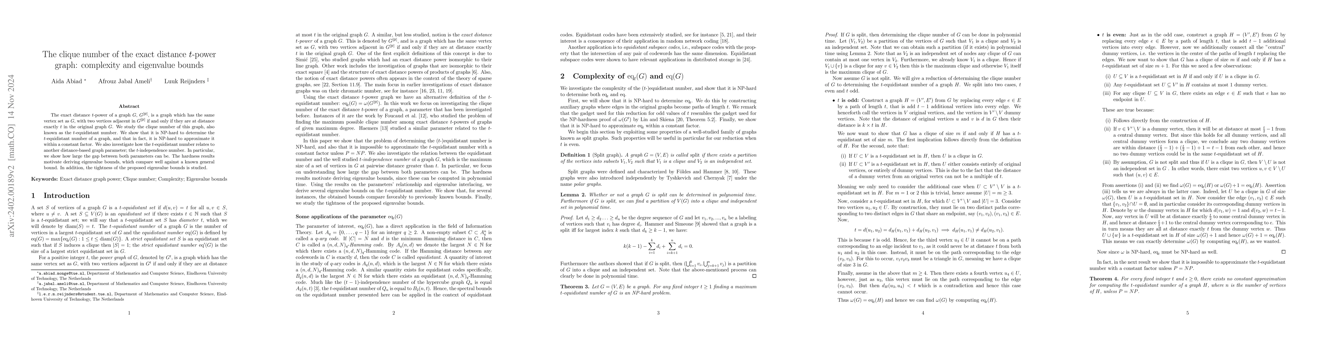 Thumbnail for The clique number of the exact distance $t$-power graph: complexity and
  eigenvalue bounds