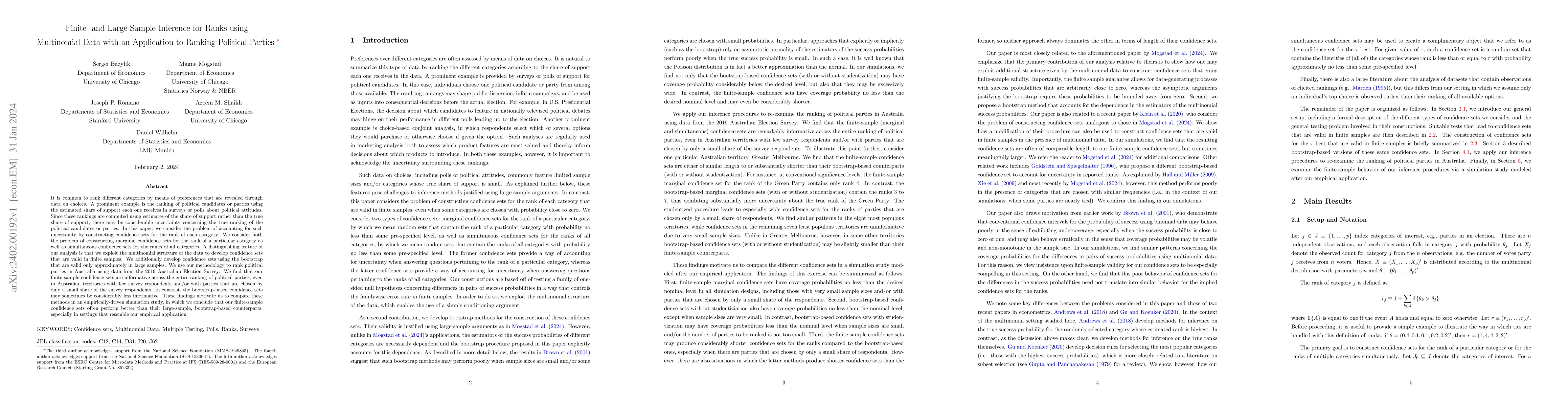 Thumbnail for Finite- and Large-Sample Inference for Ranks using Multinomial Data with
  an Application to Ranking Political Parties