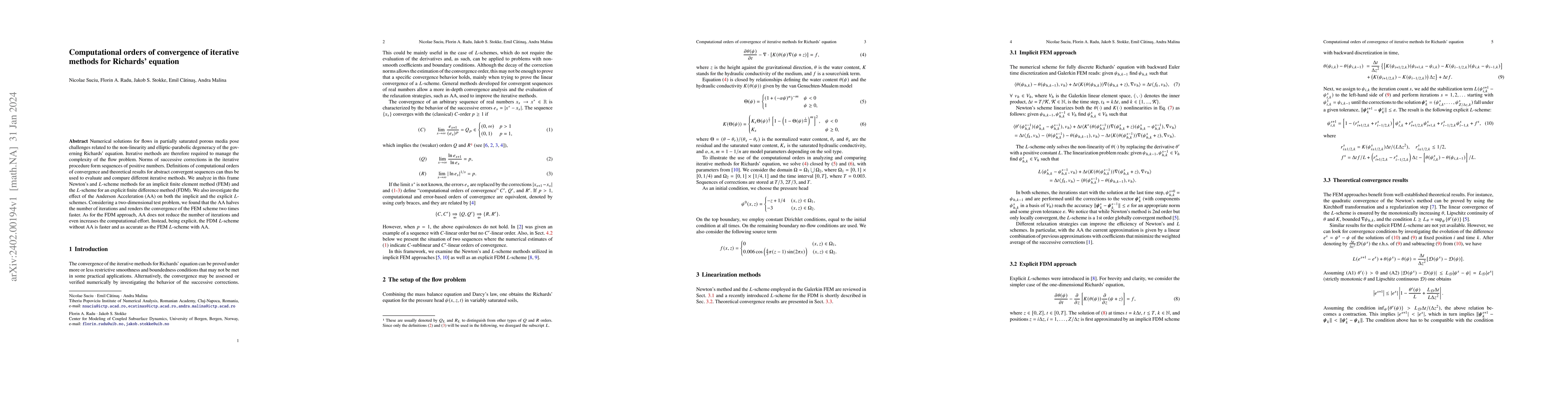 Thumbnail for Computational orders of convergence of iterative methods for Richards'
  equation
