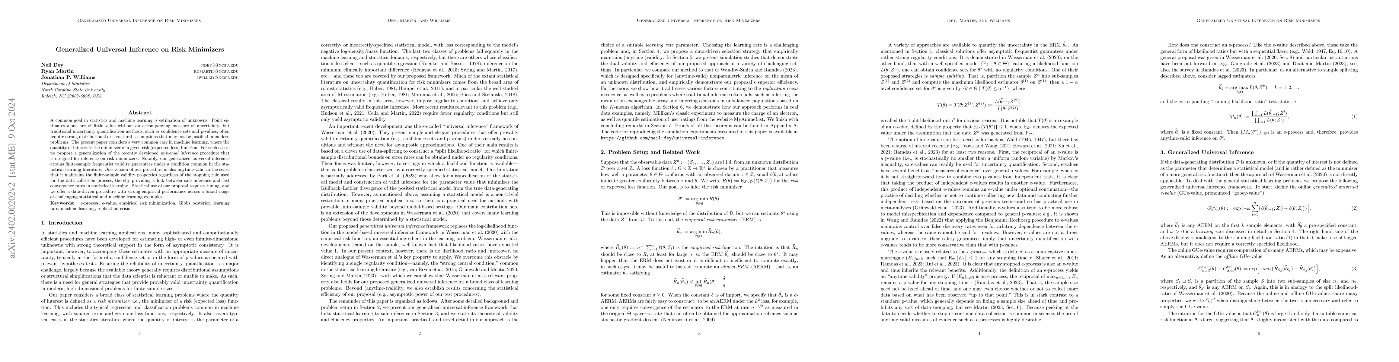 Thumbnail for Anytime-Valid Generalized Universal Inference on Risk Minimizers