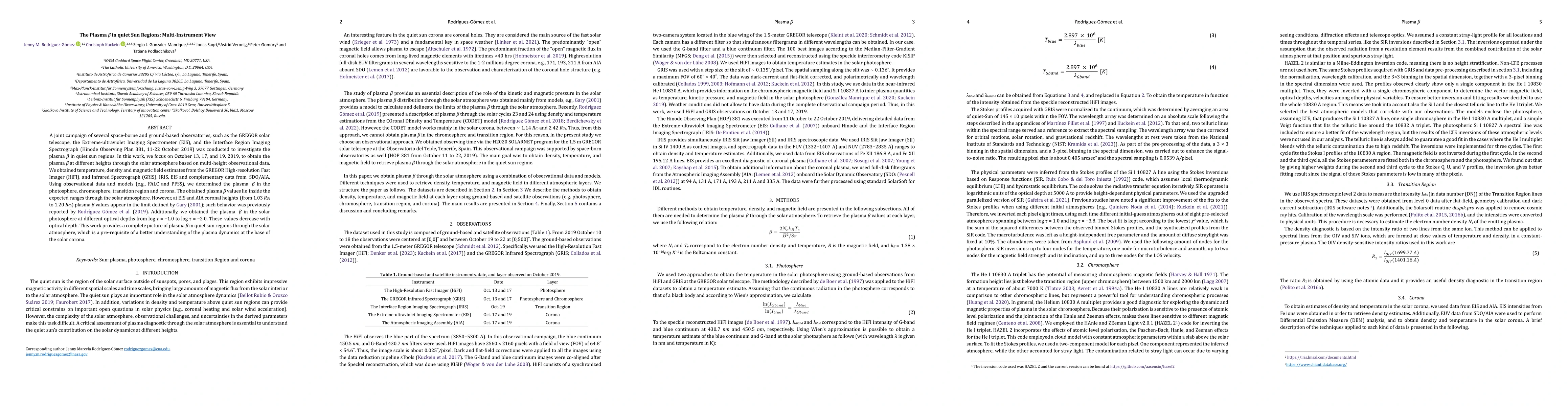 Thumbnail for The Plasma $\beta$ in quiet Sun Regions: Multi-Instrument View