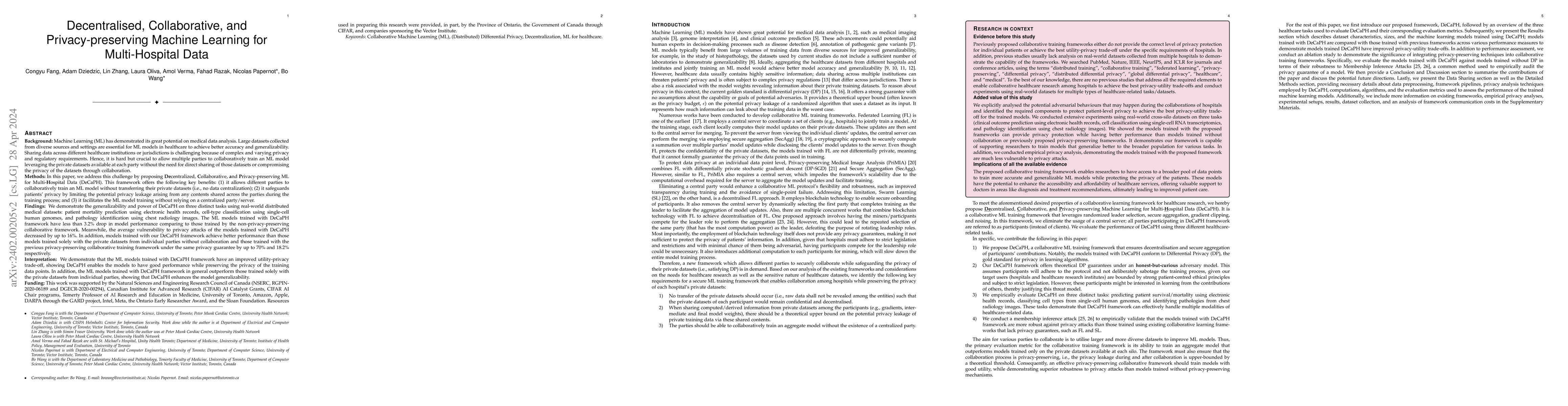 Thumbnail for Decentralised, Collaborative, and Privacy-preserving Machine Learning
  for Multi-Hospital Data