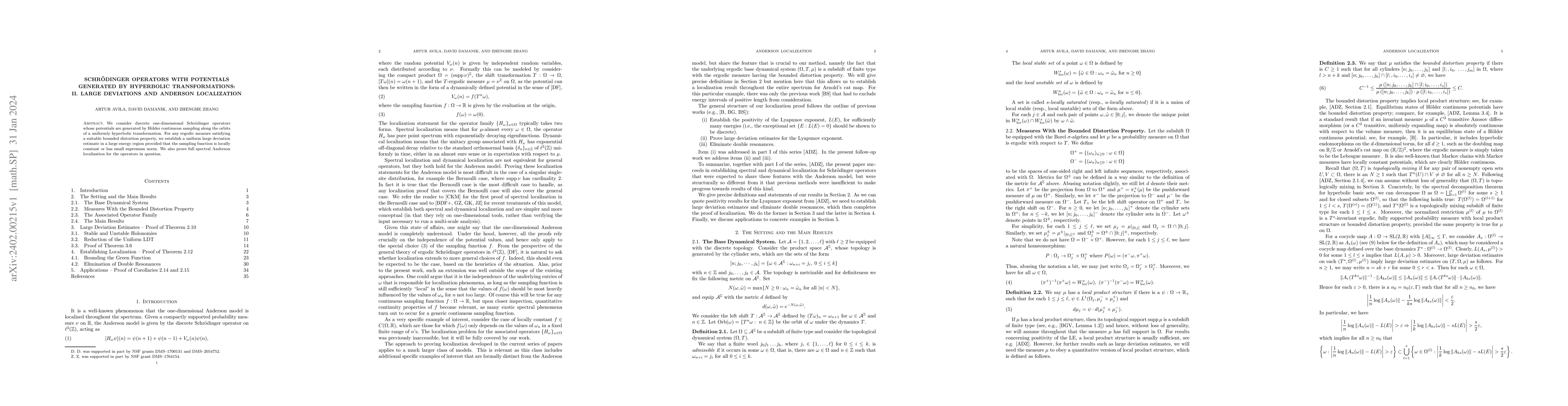 Thumbnail for Schr\"odinger Operators with Potentials Generated by Hyperbolic
  Transformations: II. Large Deviations and Anderson Localization