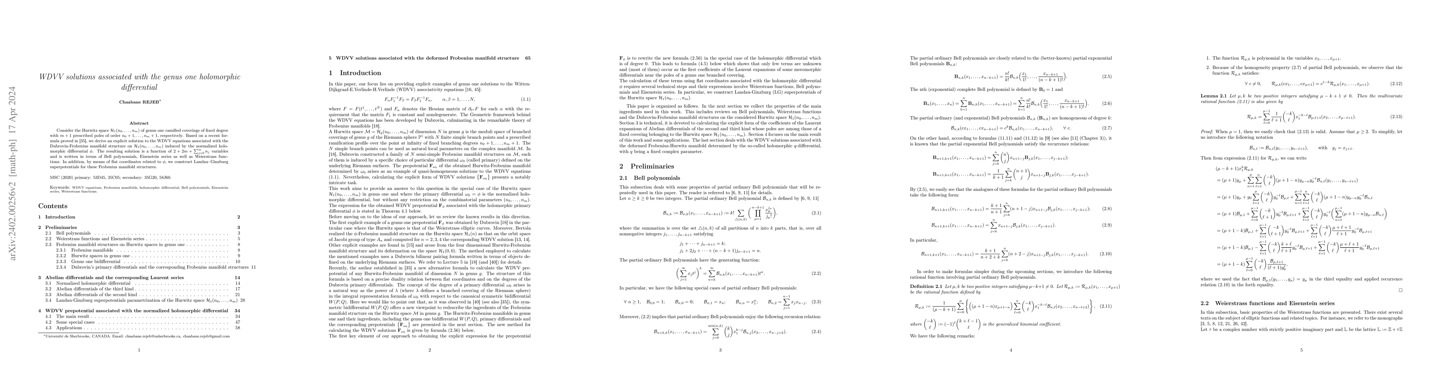 Thumbnail for WDVV solutions associated with the genus one holomorphic differential