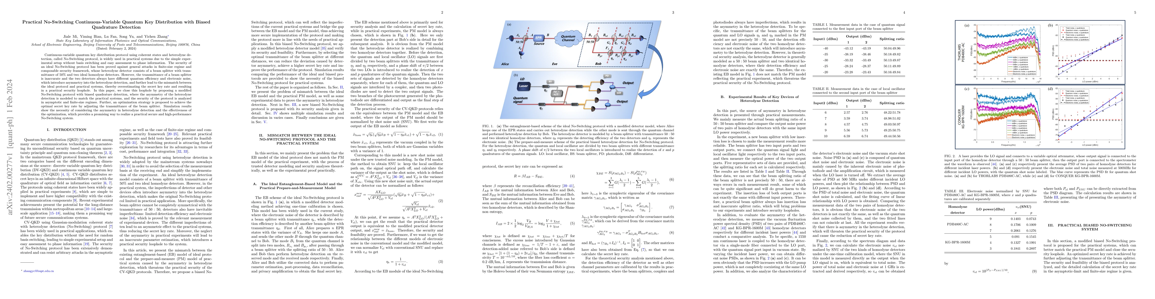 Thumbnail for Practical No-Switching Continuous-Variable Quantum Key Distribution with
  Biased Quadrature Detection